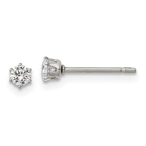 Kazi Luxury Chisel Stainless Steel Polished 3mm Round CZ Stud Post Earrings - Picture 1 of 5